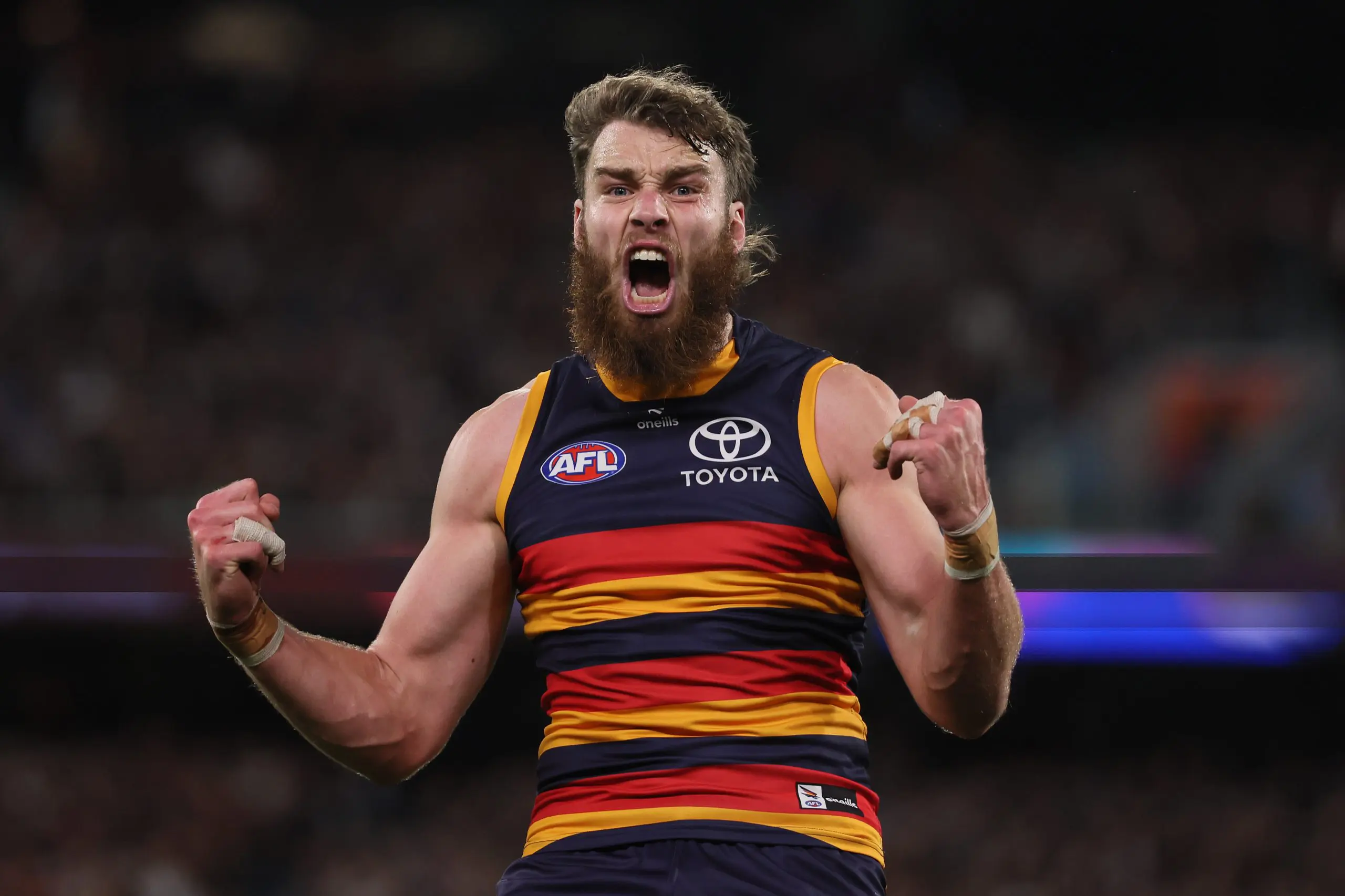 ADELAIDE, AUSTRALIA - SEPTEMBER 04: Riley Thilthorpe of the Crows celebrates a goal during the AFL First Qualifying Final match between the Adelaide Crows and the Collingwood Magpies at Adelaide Oval on September 04, 2025 in Adelaide, Australia. (Photo by James Elsby/AFL Photos via Getty Images)