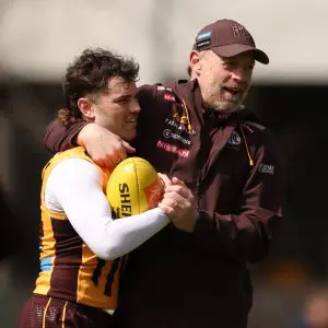MELBOURNE, AUSTRALIA - SEPTEMBER 17: Nick Watson of the Hawks and assistant coach Adrian Hickmott are seen during a Hawthorn Hawks AFL training session at Waverley Park on September 17, 2025 in Melbourne, Australia. (Photo by Robert Cianflone/Getty Images)