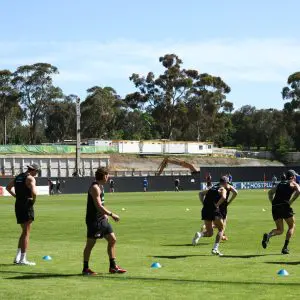 MELBOURNE, AUSTRALIA - NOVEMBER 14: Richmond with construction site for new facility in the background during the Richmond Tigers 2026 Pre-Season at Punt Road Oval on November 14, 2025 in Melbourne, Australia. (Photo by James Wiltshire/AFL Photos via Getty Images)