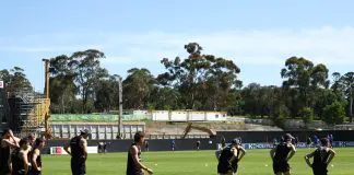 “Not over the line yet”: Richmond facing “funding shortfall” in Punt Road rebuild MELBOURNE, AUSTRALIA - NOVEMBER 14: Richmond with construction site for new facility in the background during the Richmond Tigers 2026 Pre-Season at Punt Road Oval on November 14, 2025 in Melbourne, Australia. (Photo by James Wiltshire/AFL Photos via Getty Images)