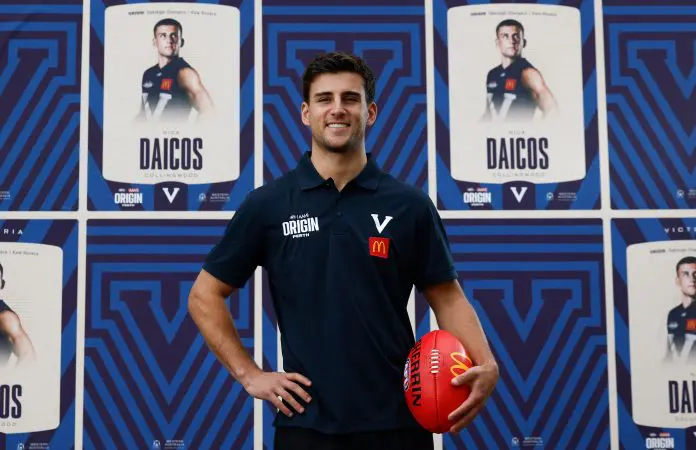 MELBOURNE, AUSTRALIA - NOVEMBER 18:  Nick Daicos of the Magpies poses during the State of Origin Media Opportunity at Marvel Stadium on November 18, 2025 in Melbourne, Australia. (Photo by Michael Willson/AFL Photos via Getty Images)