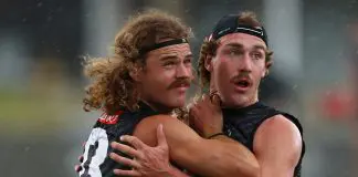 Collingwood announce left-field debut as McRae makes Daicos, Pendlebury call MELBOURNE, AUSTRALIA - DECEMBER 01: Harry DeMattia and Angus Anderson of the Magpies compete during a Collingwood Magpies training session at Olympic Park on December 01, 2025 in Melbourne, Australia. (Photo by Daniel Pockett/Getty Images)