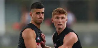 MELBOURNE, AUSTRALIA - DECEMBER 01: Nick Daicos and Tyan Prindable of the Magpies compete during a Collingwood Magpies training session at Olympic Park on December 01, 2025 in Melbourne, Australia. (Photo by Daniel Pockett/Getty Images)