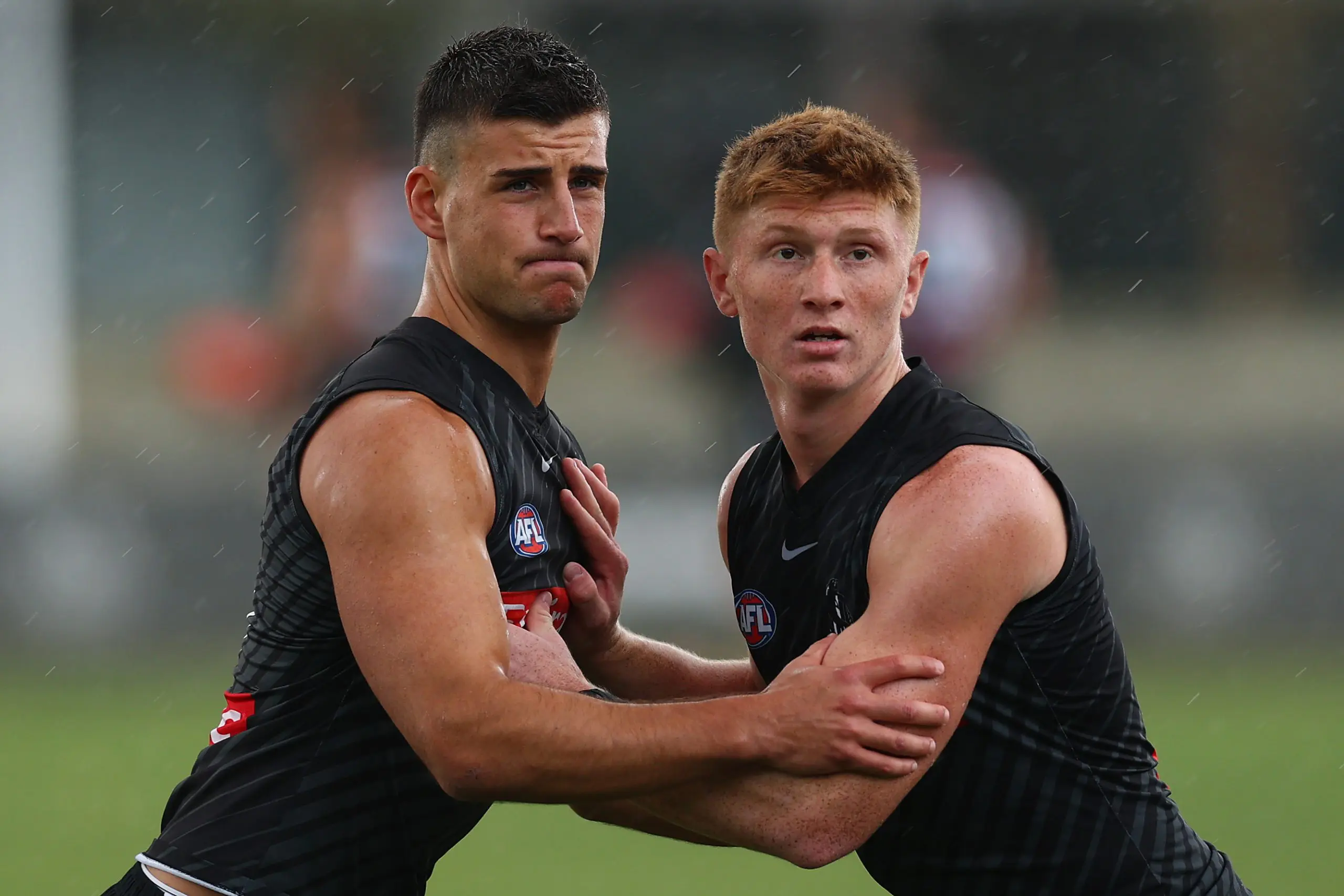 MELBOURNE, AUSTRALIA - DECEMBER 01: Nick Daicos and Tyan Prindable of the Magpies compete during a Collingwood Magpies training session at Olympic Park on December 01, 2025 in Melbourne, Australia. (Photo by Daniel Pockett/Getty Images)