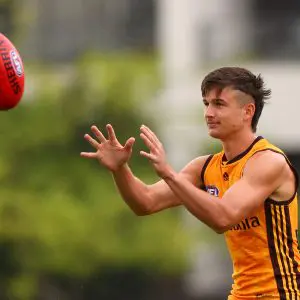 MELBOURNE, AUSTRALIA - FEBRUARY 17: Sam Butler of the Hawks in action during the Hawthorn Hawks AFL intra club match at Waverley Park on February 17, 2022 in Melbourne, Australia. (Photo by Jonathan DiMaggio/Getty Images)