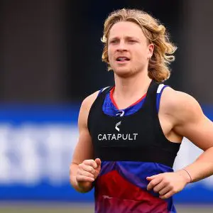 MELBOURNE, AUSTRALIA - AUGUST 27: Cody Weightman of the Bulldogs trains during a Western Bulldogs AFL training session at Whitten Oval on August 27, 2024 in Melbourne, Australia. (Photo by Morgan Hancock/Getty Images)