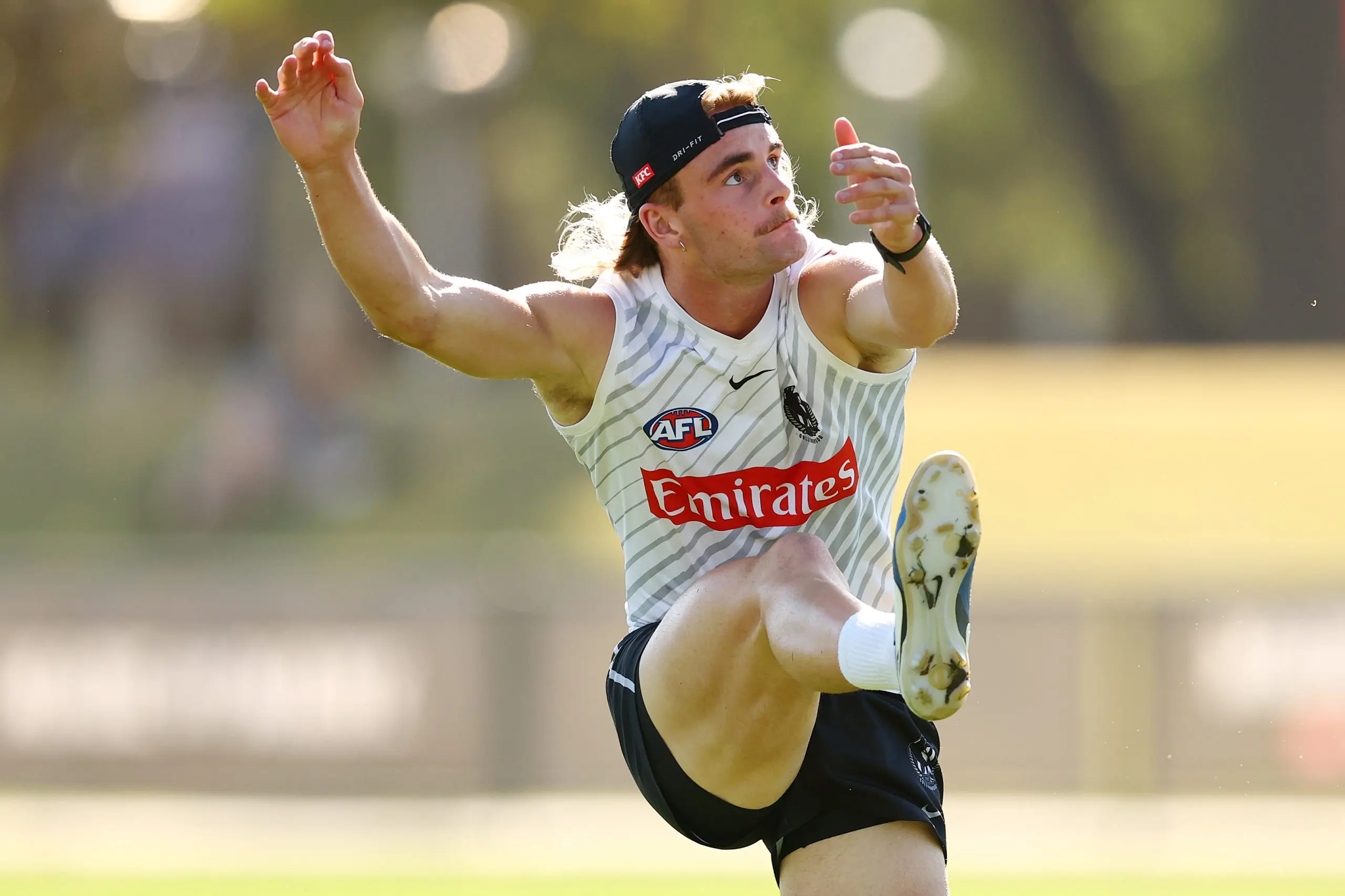 MELBOURNE, AUSTRALIA - MARCH 05: Jakob Ryan of the Magpies trains during a Collingwood Magpies AFL training session at Olympic Park Oval on March 05, 2025 in Melbourne, Australia. (Photo by Morgan Hancock/Getty Images)
