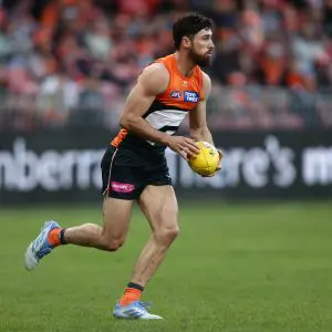 SYDNEY, AUSTRALIA - MAY 31: Lachie Ash of the Giants runs the ball during the round 12 AFL match between Greater Western Sydney Giants and Richmond Tigers at ENGIE Stadium on May 31, 2025 in Sydney, Australia. (Photo by Jason McCawley/Getty Images)
