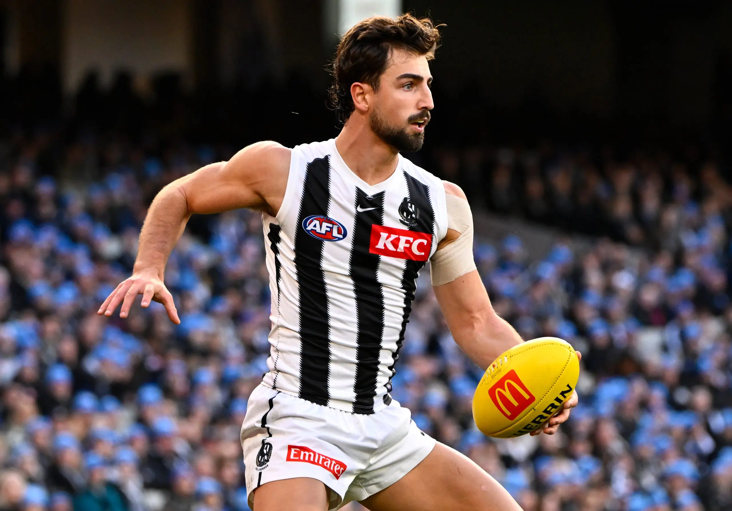 MELBOURNE, AUSTRALIA - JUNE 09: Josh Daicos of the Magpies in action during the 2025 AFL Round 13 match between the Melbourne Demons and the Collingwood Magpies at Melbourne Cricket Ground on June 9, 2025 in Melbourne, Australia. (Photo by Adam Trafford/AFL Photos via Getty Images)