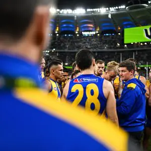 PERTH, AUSTRALIA - JULY 19: Andrew McQualter, Senior Coach of the Eagles addresses the players at the break during the 2025 AFL Round 19 match between the West Coast Eagles and the Richmond Tigers at Optus Stadium on July 19, 2025 in Perth, Australia. (Photo by Daniel Carson/AFL Photos via Getty Images)