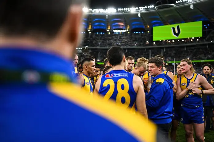 PERTH, AUSTRALIA - JULY 19: Andrew McQualter, Senior Coach of the Eagles addresses the players at the break during the 2025 AFL Round 19 match between the West Coast Eagles and the Richmond Tigers at Optus Stadium on July 19, 2025 in Perth, Australia. (Photo by Daniel Carson/AFL Photos via Getty Images)