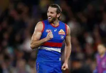 MELBOURNE, AUSTRALIA - JULY 31: Marcus Bontempelli of the Bulldogs celebrates during the 2025 AFL Round 21 match between the Western Bulldogs and the GWS Giants at Marvel Stadium on July 31, 2025 in Melbourne, Australia. (Photo by Michael Willson/AFL Photos via Getty Images)