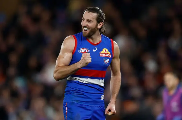 MELBOURNE, AUSTRALIA - JULY 31: Marcus Bontempelli of the Bulldogs celebrates during the 2025 AFL Round 21 match between the Western Bulldogs and the GWS Giants at Marvel Stadium on July 31, 2025 in Melbourne, Australia. (Photo by Michael Willson/AFL Photos via Getty Images)
