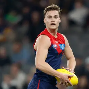 MELBOURNE, AUSTRALIA - AUGUST 02: Trent Rivers of the Demons in action during the 2025 AFL Round 21 match between the Melbourne Demons and the West Coast Eagles at Marvel Stadium on August 2, 2025 in Melbourne, Australia. (Photo by Michael Willson/AFL Photos via Getty Images)