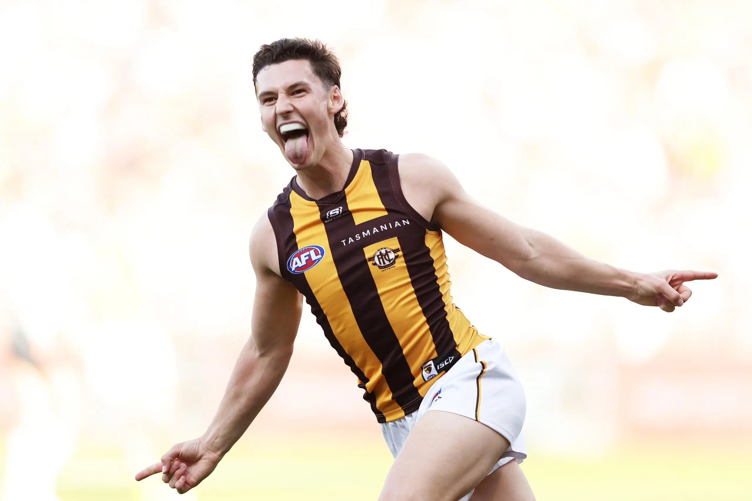 SYDNEY, AUSTRALIA - SEPTEMBER 06: Connor Macdonald of the Hawks celebrates a goal during the AFL Elimination Final match between Greater Western Sydney Giants and Hawthorn Hawks at ENGIE Stadium on September 06, 2025 in Sydney, Australia. (Photo by Matt King/AFL Photos/via Getty Images)