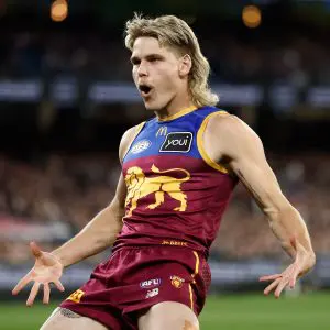 MELBOURNE, AUSTRALIA - SEPTEMBER 20: Will Ashcroft of the Lions celebrates a goal during the AFL First Preliminary Final match between the Collingwood Magpies and the Brisbane Lions at the Melbourne Cricket Ground on September 20, 2025 in Melbourne, Australia. (Photo by Michael Willson/AFL Photos via Getty Images)