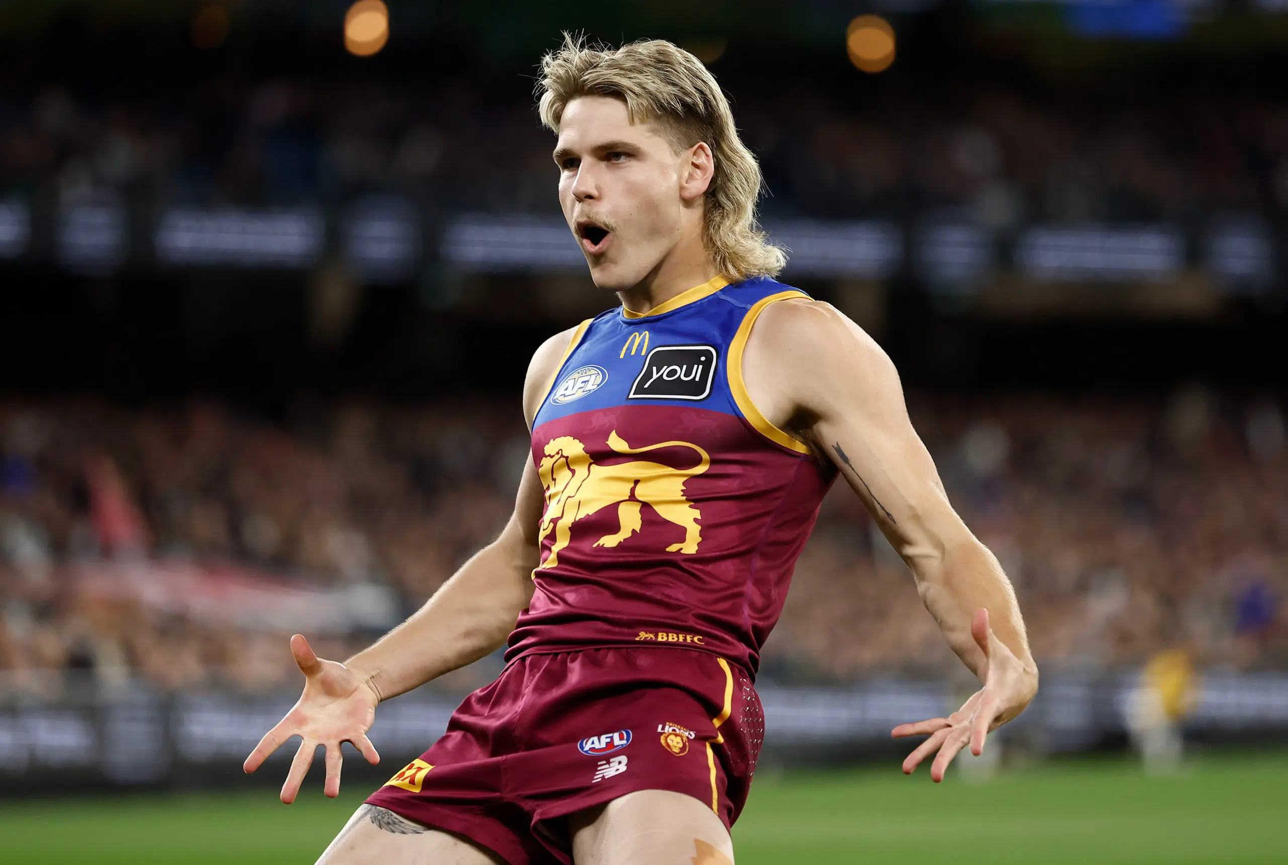 MELBOURNE, AUSTRALIA - SEPTEMBER 20: Will Ashcroft of the Lions celebrates a goal during the AFL First Preliminary Final match between the Collingwood Magpies and the Brisbane Lions at the Melbourne Cricket Ground on September 20, 2025 in Melbourne, Australia. (Photo by Michael Willson/AFL Photos via Getty Images)