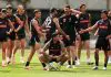 MELBOURNE, AUSTRALIA - DECEMBER 01: Players recover after participating in a beep test during a Collingwood Magpies training session at Olympic Park on December 01, 2025 in Melbourne, Australia. (Photo by Daniel Pockett/Getty Images)