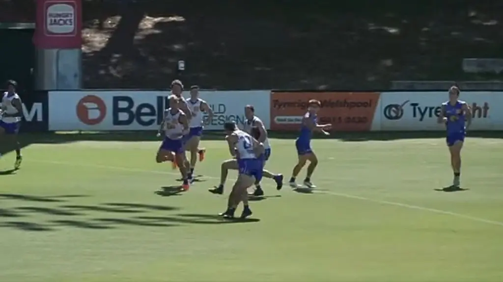 West Coast's Liam Duggan and Tom Gross collide during an intra-club match on Friday. Credit: YouTube