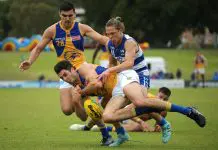 Eagles sign mature-age WAFL star PERTH, AUSTRALIA - JUNE 22: Tom Barrass of the Eagles and Milan Murdock of the Sharks contest for the ball during the round 11 WAFL match between the East Fremantle Sharks and West Coast Eagles at New Choice Homes Park on June 22, 2019 in Perth, Australia. (Photo by Paul Kane/Getty Images)