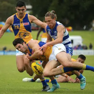 PERTH, AUSTRALIA - JUNE 22: Tom Barrass of the Eagles and Milan Murdock of the Sharks contest for the ball during the round 11 WAFL match between the East Fremantle Sharks and West Coast Eagles at New Choice Homes Park on June 22, 2019 in Perth, Australia. (Photo by Paul Kane/Getty Images)