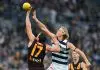 GEELONG, AUSTRALIA - JULY 06: Sam De Koning of the Cats and Lloyd Meek of the Hawks contest the ruck during the round 17 AFL match between Geelong Cats and Hawthorn Hawks at GMHBA Stadium, on July 06, 2024, in Geelong, Australia. (Photo by Daniel Pockett/Getty Images)