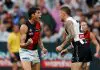 MELBOURNE, AUSTRALIA - APRIL 25: Sam Durham of the Bombers celebrates a goal during the 2025 AFL Round 07 match between the Collingwood Magpies and the Essendon Bombers at the Melbourne Cricket Ground on April 25, 2025 in Melbourne, Australia. (Photo by Michael Willson/AFL Photos via Getty Images)