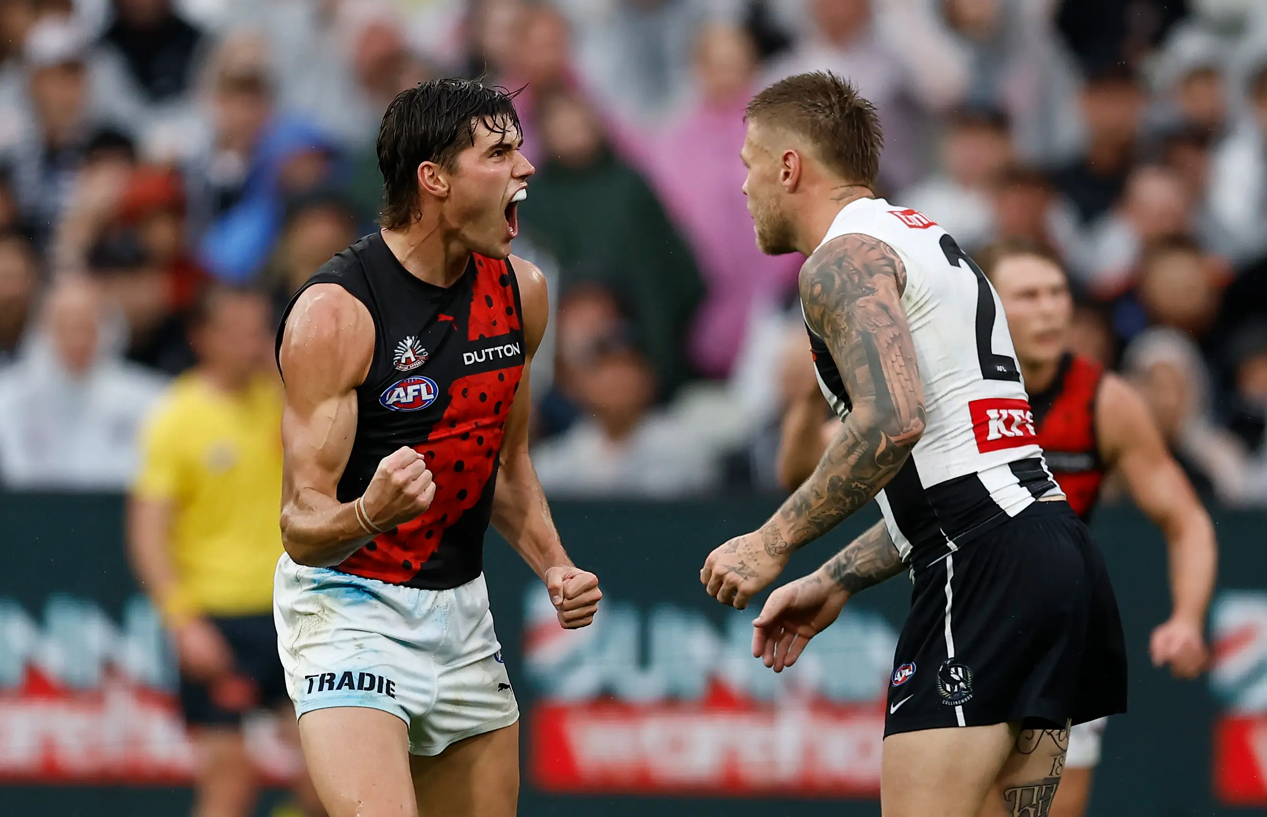 MELBOURNE, AUSTRALIA - APRIL 25: Sam Durham of the Bombers celebrates a goal during the 2025 AFL Round 07 match between the Collingwood Magpies and the Essendon Bombers at the Melbourne Cricket Ground on April 25, 2025 in Melbourne, Australia. (Photo by Michael Willson/AFL Photos via Getty Images)