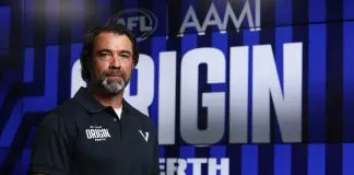 MELBOURNE, AUSTRALIA - OCTOBER 22: Chris Scott is the Victorian State of Origin coach during the 2025 AAMI AFL Origin Media Opportunity at AFL House on October 22, 2025 in Melbourne, Australia. (Photo by James Wiltshire/AFL Photos via Getty Images)