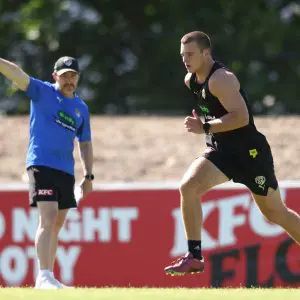 MELBOURNE, AUSTRALIA - NOVEMBER 14: Sam Lalor of the Tigers runs during the Richmond Tigers 2026 Pre-Season at Punt Road Oval on November 14, 2025 in Melbourne, Australia. (Photo by James Wiltshire/AFL Photos via Getty Images)