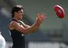 MELBOURNE, AUSTRALIA - JANUARY 16: Elijah Hollands of the Blues marks the ball during a Carlton Blues training session at Princes Park on January 16th, 2026 in Melbourne, Australia. (Photo by James Wiltshire/AFL Photos via Getty Images)