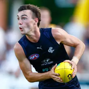 BRISBANE, AUSTRALIA - FEBRUARY 18: Jagga Smith of the Blues in action during the 2026 AFL match simulation between the Brisbane Lions and the Carlton Blues at Brighton Homes Arena on February 18, 2026 in Brisbane, Australia. (Photo by Russell Freeman/AFL Photos via Getty Images)