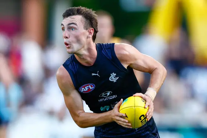 BRISBANE, AUSTRALIA - FEBRUARY 18: Jagga Smith of the Blues in action during the 2026 AFL match simulation between the Brisbane Lions and the Carlton Blues at Brighton Homes Arena on February 18, 2026 in Brisbane, Australia. (Photo by Russell Freeman/AFL Photos via Getty Images)