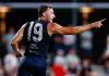 BRISBANE, AUSTRALIA - FEBRUARY 18: Will Hayward of the Blues celebrates a goal during the 2026 AFL match simulation between the Brisbane Lions and the Carlton Blues at Brighton Homes Arena on February 18, 2026 in Brisbane, Australia. (Photo by Russell Freeman/AFL Photos via Getty Images)
