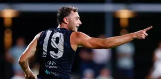 AFL MRO: Blues to challenge recruit’s sanction BRISBANE, AUSTRALIA - FEBRUARY 18: Will Hayward of the Blues celebrates a goal during the 2026 AFL match simulation between the Brisbane Lions and the Carlton Blues at Brighton Homes Arena on February 18, 2026 in Brisbane, Australia. (Photo by Russell Freeman/AFL Photos via Getty Images)