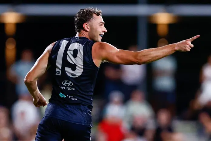 BRISBANE, AUSTRALIA - FEBRUARY 18: Will Hayward of the Blues celebrates a goal during the 2026 AFL match simulation between the Brisbane Lions and the Carlton Blues at Brighton Homes Arena on February 18, 2026 in Brisbane, Australia. (Photo by Russell Freeman/AFL Photos via Getty Images)