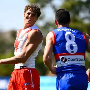 MELBOURNE, AUSTRALIA - FEBRUARY 19: Charlie Curnow of the Swans chats to former Carlton teammate Matthew Kennedy of the Bulldogs during the 2026 AFL match simulation between the Western Bulldogs and the Sydney Swans at Mission Whitten Oval on February 19, 2026 in Melbourne, Australia. (Photo by Adam Trafford/AFL Photos via Getty Images)