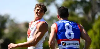 Predicting the top 10 for 2026 and the two clubs with pre-season concerns: Six Points AFL Podcast MELBOURNE, AUSTRALIA - FEBRUARY 19: Charlie Curnow of the Swans chats to former Carlton teammate Matthew Kennedy of the Bulldogs during the 2026 AFL match simulation between the Western Bulldogs and the Sydney Swans at Mission Whitten Oval on February 19, 2026 in Melbourne, Australia. (Photo by Adam Trafford/AFL Photos via Getty Images)