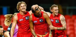 Suns recruit delivers bold warning to league — and locker room GOLD COAST, AUSTRALIA - FEBRUARY 19: Jamarra Ugle-Hagan of the Suns celebrates a goal during the 2026 AFL match simulation between the Gold Coast Suns and the St Kilda Saints at People First Stadium on February 19, 2026 in the Gold Coast, Australia. (Photo by Russell Freeman/AFL Photos via Getty Images)
