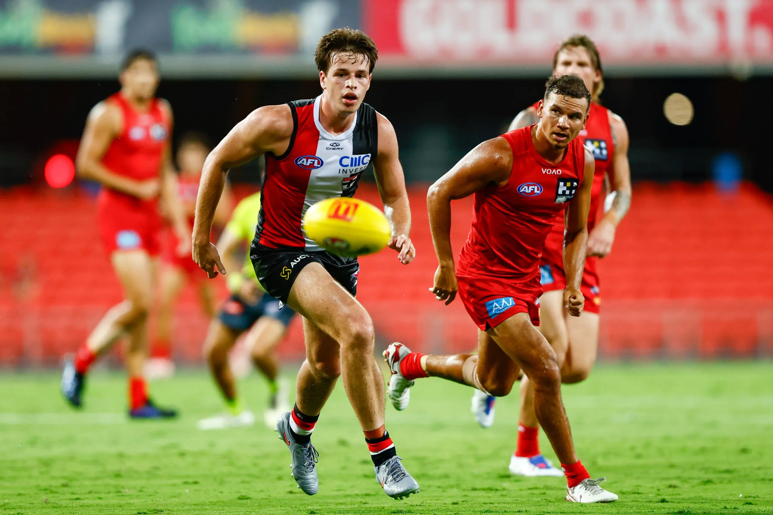 GOLD COAST, AUSTRALIA - FEBRUARY 19: Mattaes Phillipou of the Saints and Daniel Rioli of the Suns compete for the ball during the 2026 AFL match simulation between the Gold Coast Suns and the St Kilda Saints at People First Stadium on February 19, 2026 in the Gold Coast, Australia. (Photo by Russell Freeman/AFL Photos via Getty Images)
