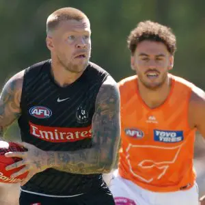 MELBOURNE, AUSTRALIA - FEBRUARY 20: Jordan De Goey of the Magpies in action during the 2026 AFL match simulation between the Collingwood Magpies and the GWS Giants at La Trobe University Sports Park on February 20, 2026 in Melbourne, Australia. (Photo by Michael Willson/AFL Photos via Getty Images)