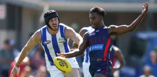 MELBOURNE, AUSTRALIA - FEBRUARY 20: Kysaiah Pickett of the Demons kicks a goal during the 2026 AFL match simulation between the Melbourne Demons and the North Melbourne Kangaroos at Casey Fields on February 20, 2026 in Melbourne, Australia. (Photo by James Wiltshire/AFL Photos via Getty Images)