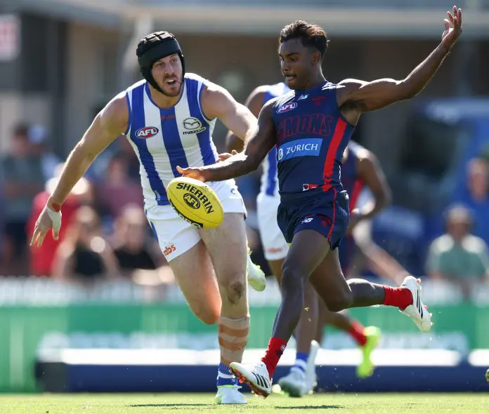 MELBOURNE, AUSTRALIA - FEBRUARY 20: Kysaiah Pickett of the Demons kicks a goal during the 2026 AFL match simulation between the Melbourne Demons and the North Melbourne Kangaroos at Casey Fields on February 20, 2026 in Melbourne, Australia. (Photo by James Wiltshire/AFL Photos via Getty Images)