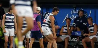 Cats injury concern puts new ruck rule in focus MELBOURNE, AUSTRALIA - FEBRUARY 25: Shannon Neale of the Cats is seen with medical staff during the 2026 AFL AAMI Community Series match between the Carlton Blues and the Geelong Cats at IKON Park on February 25, 2026 in Melbourne, Australia. (Photo by Michael Willson/AFL Photos via Getty Images)