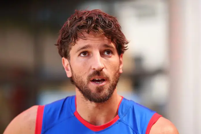 MELBOURNE, AUSTRALIA - FEBRUARY 23: Marcus Bontempelli of the Bulldogs speaks to media during 2026 AFL Captain's Day at Marvel Stadium on February 23, 2026 in Melbourne, Australia. (Photo by Daniel Pockett/Getty Images)
