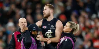 INJURY UPDATE: Carlton reveals Harry McKay, Adam Cerra scans MELBOURNE, AUSTRALIA - SEPTEMBER 08: Harry McKay of the Blues is seen concussed during the 2023 AFL First Elimination Final match between the Carlton Blues and the Sydney Swans at Melbourne Cricket Ground on September 08, 2023 in Melbourne, Australia. (Photo by Michael Willson/AFL Photos via Getty Images)