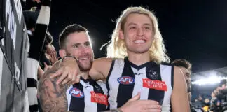 Moore please? The left-field answer to Magpies’ forward woes MELBOURNE, AUSTRALIA - SEPTEMBER 07: Jeremy Howe and Darcy Moore of the Magpies celebrate winning the AFL First Qualifying Final match between Collingwood Magpies and Melbourne Demons at Melbourne Cricket Ground, on September 07, 2023, in Melbourne, Australia. (Photo by Quinn Rooney/Getty Images)