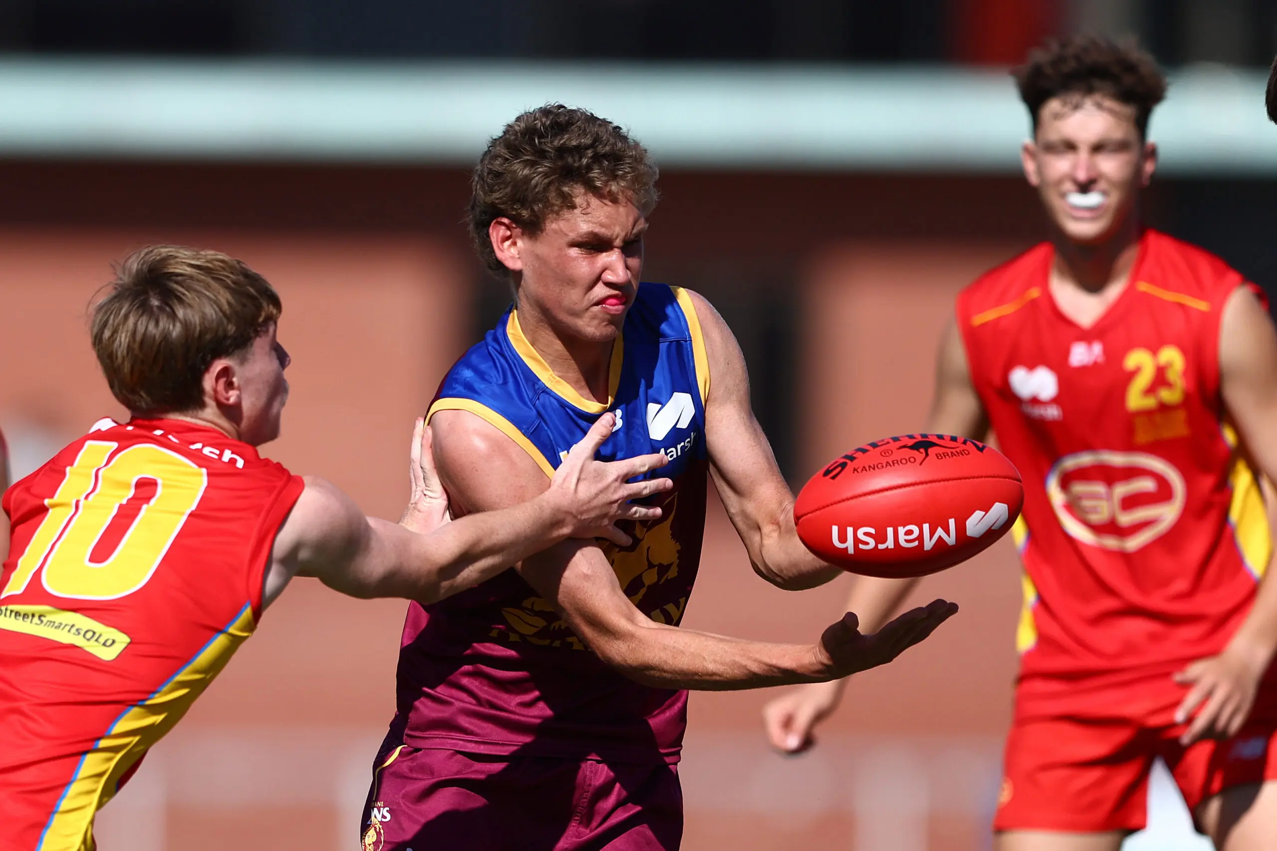 BRISBANE, AUSTRALIA - JUNE 30: Caylen Murray of the Lions kicks during the Marsh AFL National Championships match between U16 Boys Brisbane Lions Academy and Victoria Metro at Gold Coast Suns Academy at Brighton Homes Arena on June 30, 2024 in Brisbane, Australia. (Photo by Chris Hyde/AFL Photos/via Getty Images)
