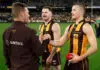 MELBOURNE, AUSTRALIA - MAY 04: Sam Mitchell, Senior Coach of the Hawks and Jack Ginnivan of the Hawks celebrate during the 2025 AFL Round 08 match between the Hawthorn Hawks and the Richmond Tigers at the Melbourne Cricket Ground on May 4, 2025 in Melbourne, Australia. (Photo by Michael Willson/AFL Photos via Getty Images)