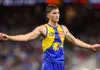 PERTH, AUSTRALIA - AUGUST 23: Jobe Shanahan of the Eagles looks on during the round 24 AFL match between West Coast Eagles and Sydney Swans at Optus Stadium on August 23, 2025 in Perth, Australia. (Photo by Paul Kane/Getty Images)